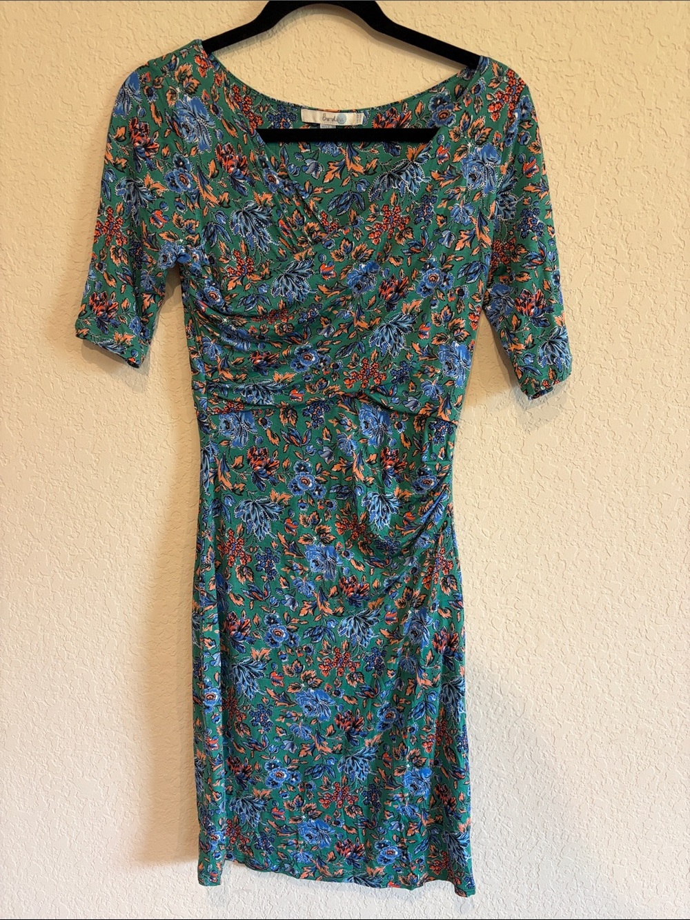 Boden Green Floral Midi Dress with Blue & Orange Accents
